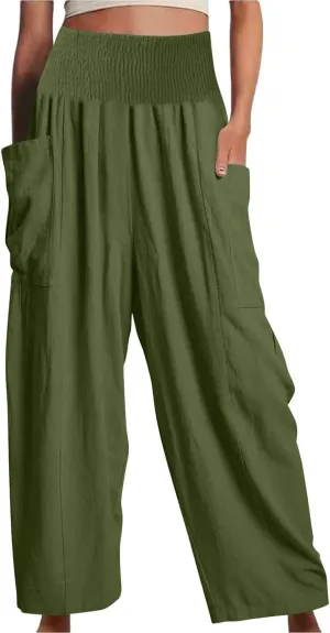 fanmpghleoo Linen Pants Women Summer Smocked Elastic High Waisted Linen Joggers with Pockets Wide Leg Yoga Boho Harem Pants