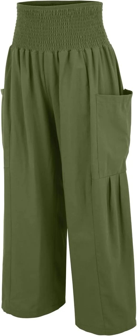 fanmpghleoo Linen Pants Women Summer Smocked Elastic High Waisted Linen Joggers with Pockets Wide Leg Yoga Boho Harem Pants