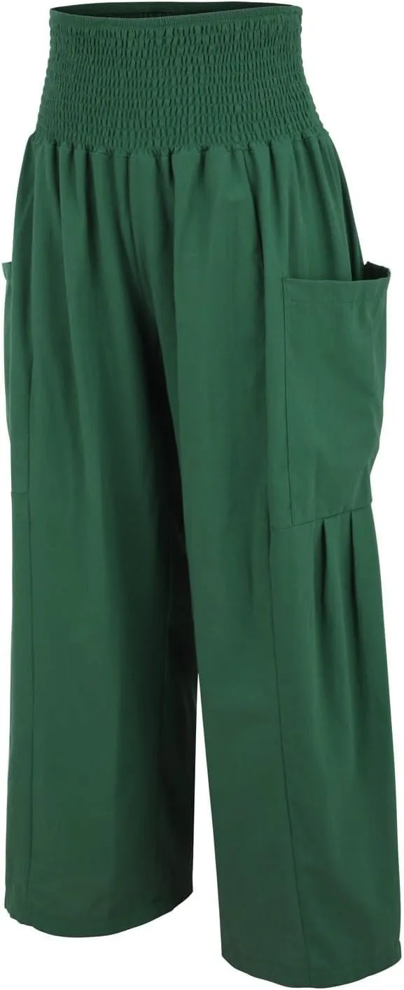 fanmpghleoo Linen Pants Women Summer Smocked Elastic High Waisted Linen Joggers with Pockets Wide Leg Yoga Boho Harem Pants