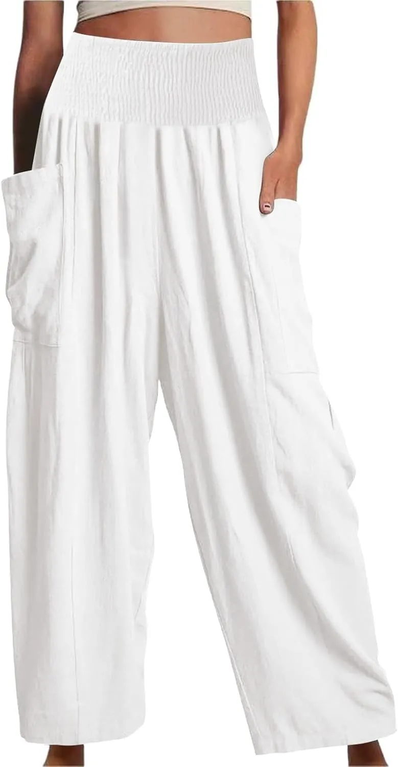 fanmpghleoo Linen Pants Women Summer Smocked Elastic High Waisted Linen Joggers with Pockets Wide Leg Yoga Boho Harem Pants