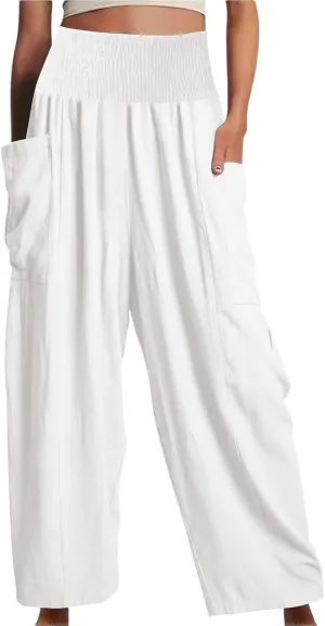 fanmpghleoo Linen Pants Women Summer Smocked Elastic High Waisted Linen Joggers with Pockets Wide Leg Yoga Boho Harem Pants