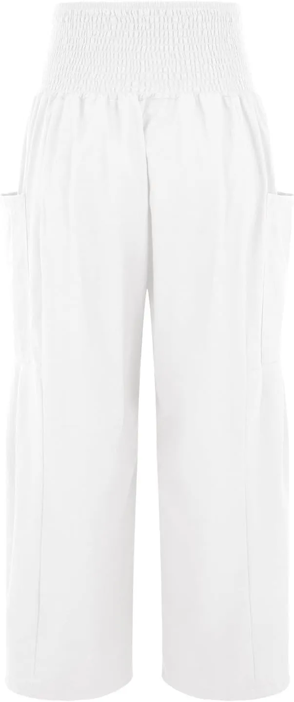 fanmpghleoo Linen Pants Women Summer Smocked Elastic High Waisted Linen Joggers with Pockets Wide Leg Yoga Boho Harem Pants