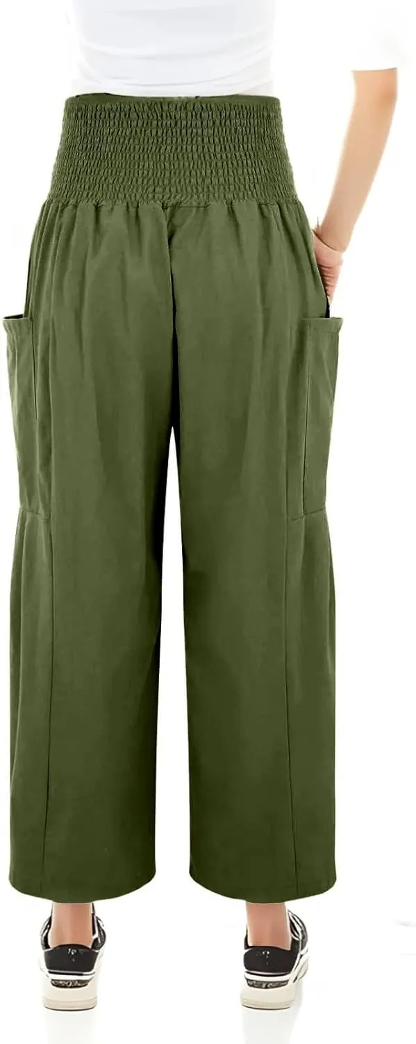 fanmpghleoo Linen Pants Women Summer Smocked Elastic High Waisted Linen Joggers with Pockets Wide Leg Yoga Boho Harem Pants