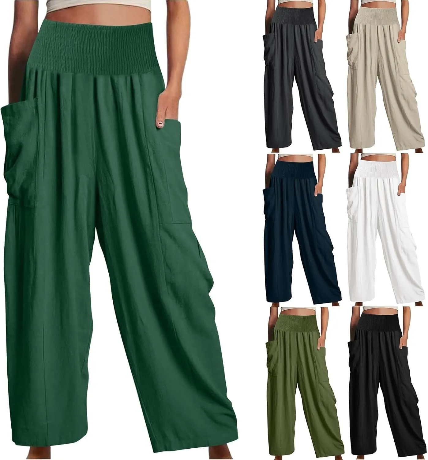 fanmpghleoo Linen Pants Women Summer Smocked Elastic High Waisted Linen Joggers with Pockets Wide Leg Yoga Boho Harem Pants