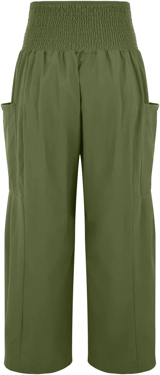 fanmpghleoo Linen Pants Women Summer Smocked Elastic High Waisted Linen Joggers with Pockets Wide Leg Yoga Boho Harem Pants