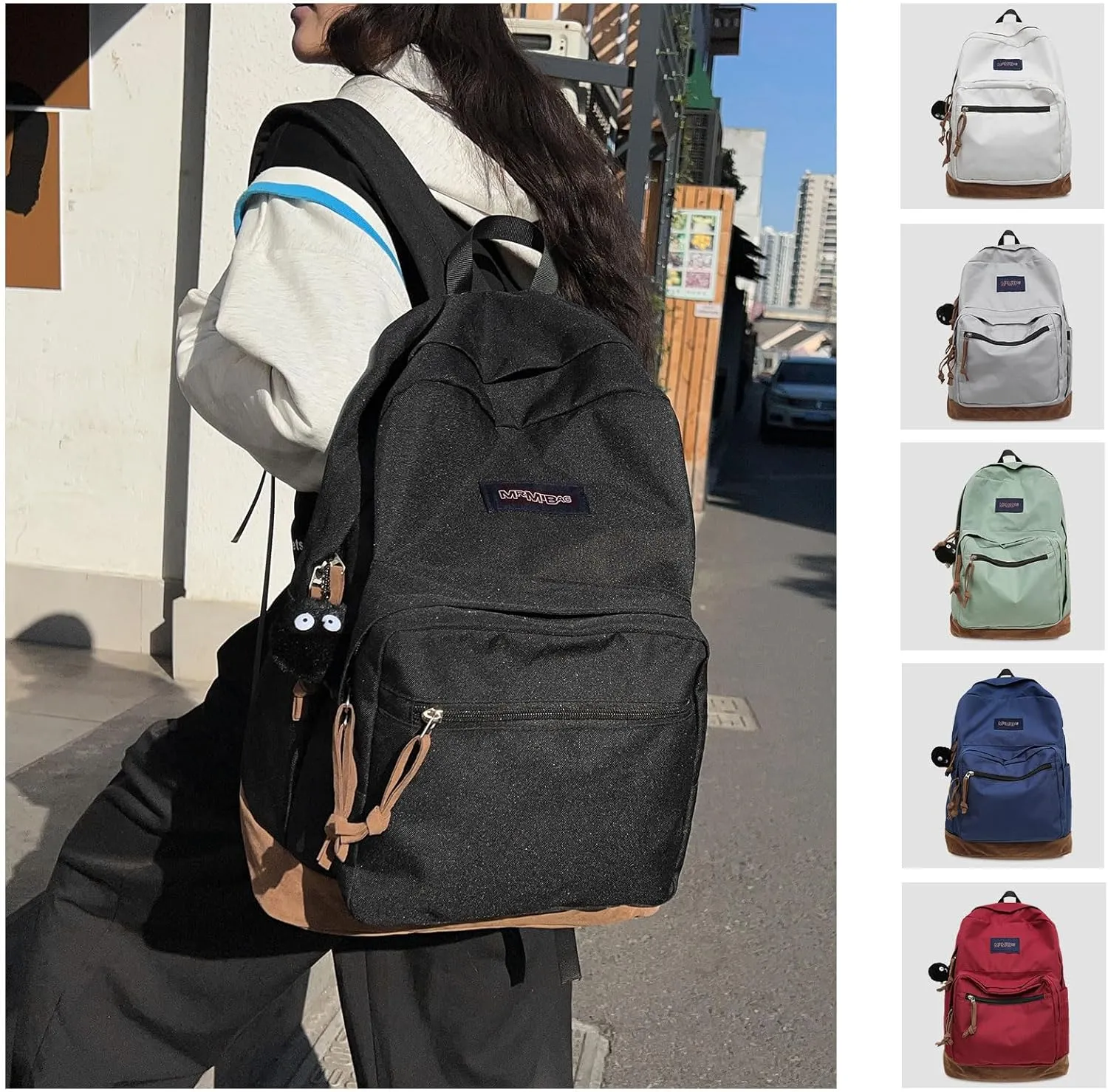 Fashion Backpack with Cute Accessory 18.1 Inch Bookbags with Pendant Laptop Bag Casual Lightweight Travel Daypacks (Black)