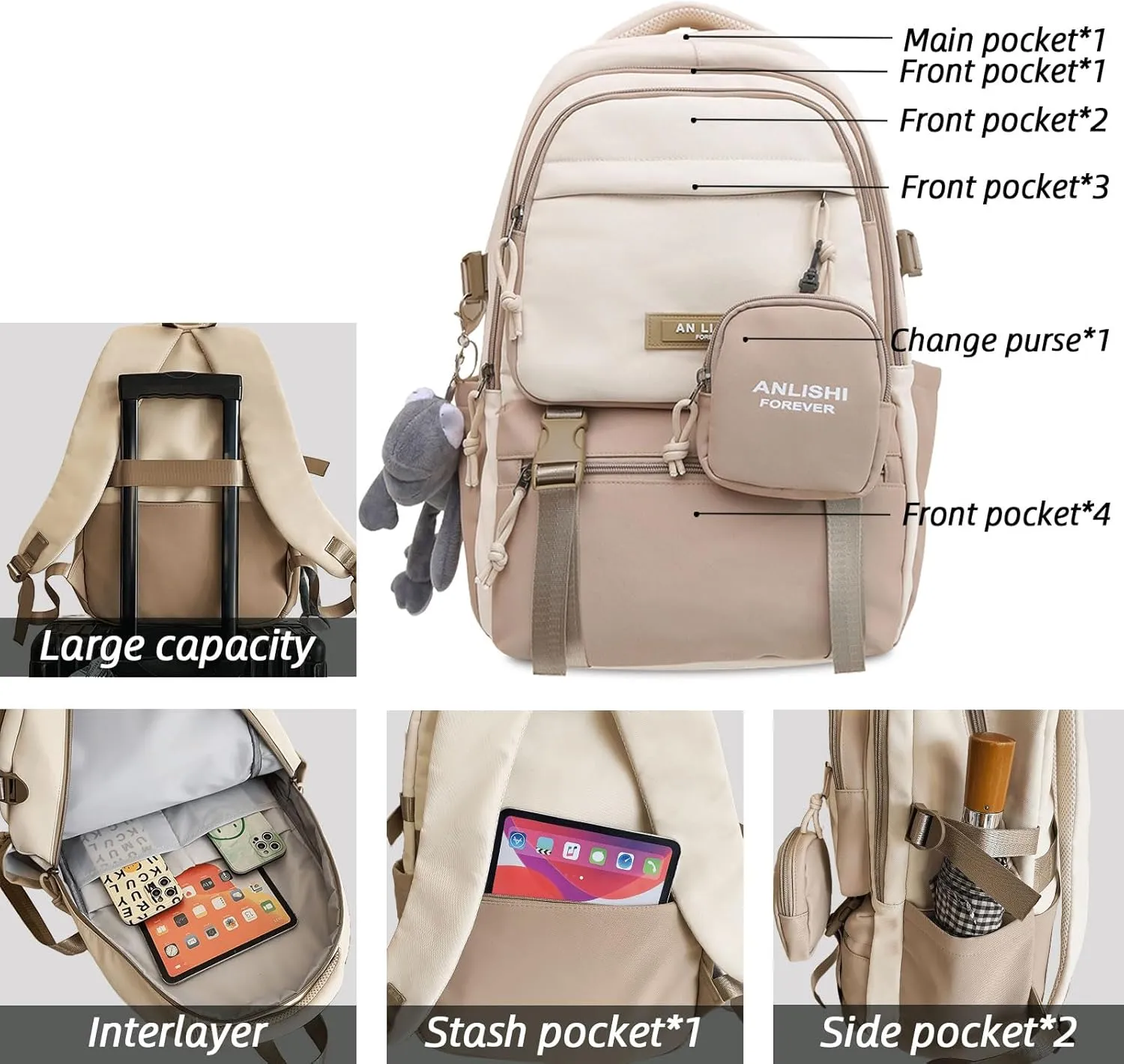 Fashion Backpack with Cute Accessory 18.1 Inch Bookbags with Pendant Laptop Bag Casual Lightweight Travel Daypacks (Black)