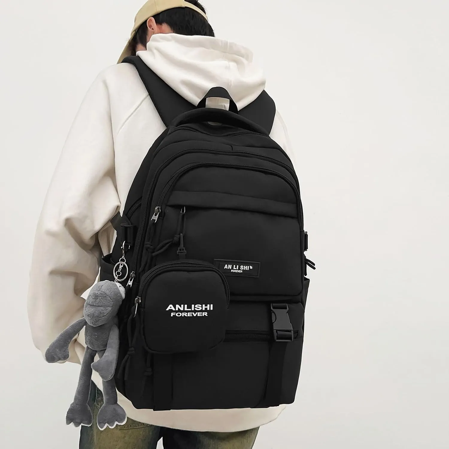 Fashion Backpack with Cute Accessory 18.1 Inch Bookbags with Pendant Laptop Bag Casual Lightweight Travel Daypacks (Black)