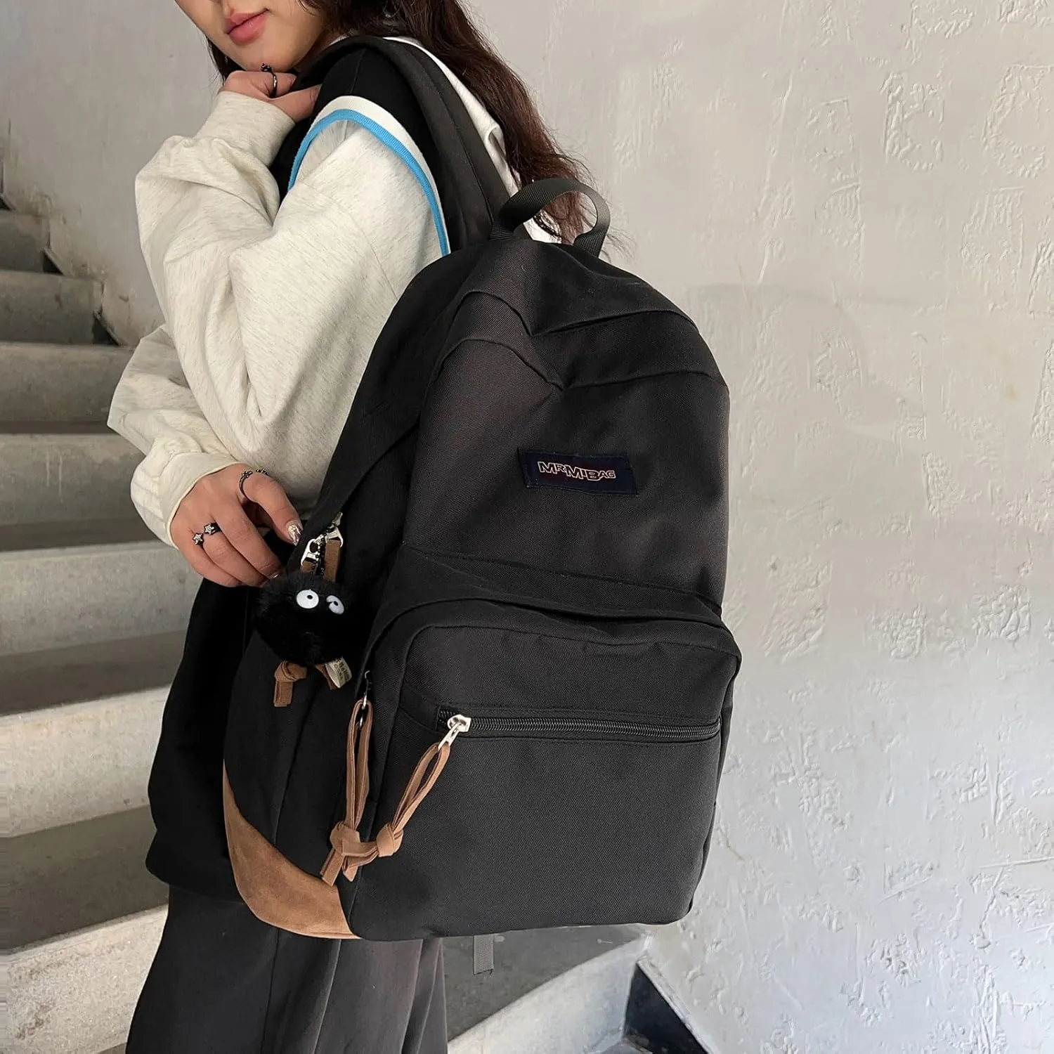 Fashion Backpack with Cute Accessory 18.1 Inch Bookbags with Pendant Laptop Bag Casual Lightweight Travel Daypacks (Black)