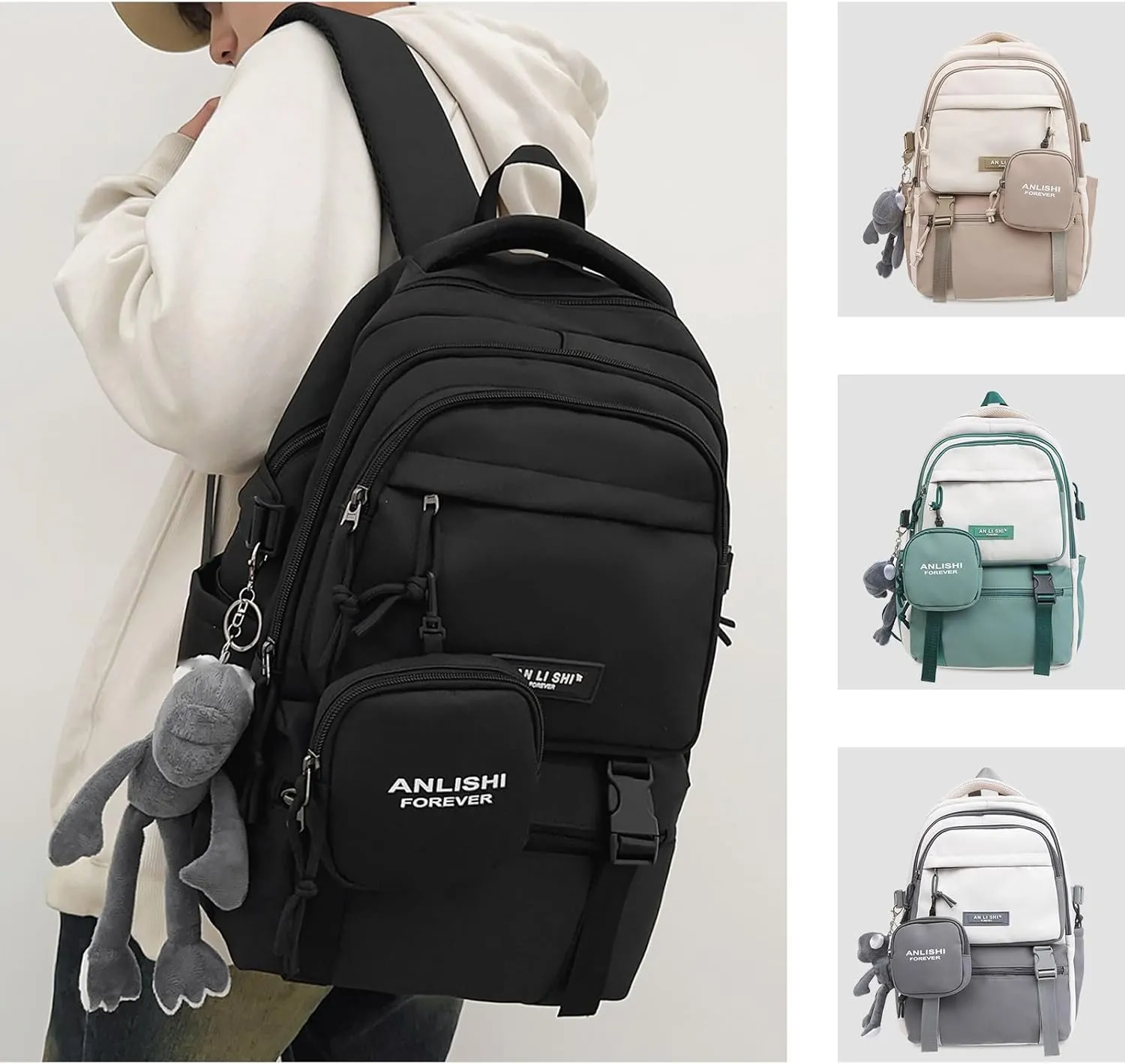 Fashion Backpack with Cute Accessory 18.1 Inch Bookbags with Pendant Laptop Bag Casual Lightweight Travel Daypacks (Black)