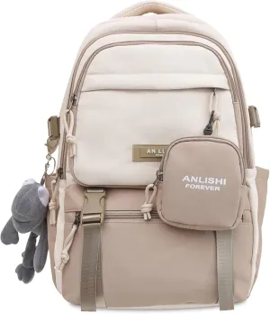 Fashion Backpack with Cute Accessory 18.1 Inch Bookbags with Pendant Laptop Bag Casual Lightweight Travel Daypacks (Brown)