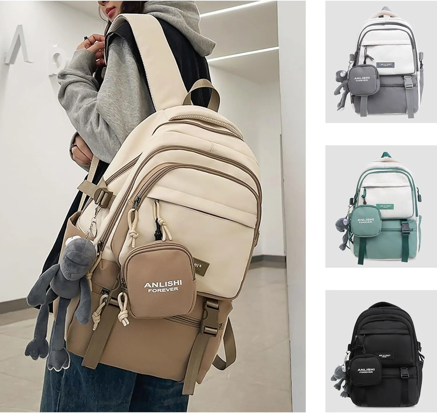 Fashion Backpack with Cute Accessory 18.1 Inch Bookbags with Pendant Laptop Bag Casual Lightweight Travel Daypacks (Brown)