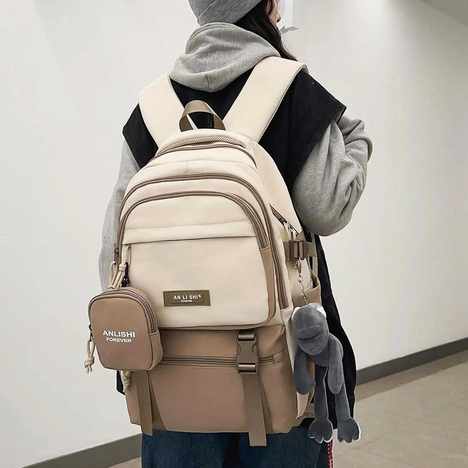 Fashion Backpack with Cute Accessory 18.1 Inch Bookbags with Pendant Laptop Bag Casual Lightweight Travel Daypacks (Brown)