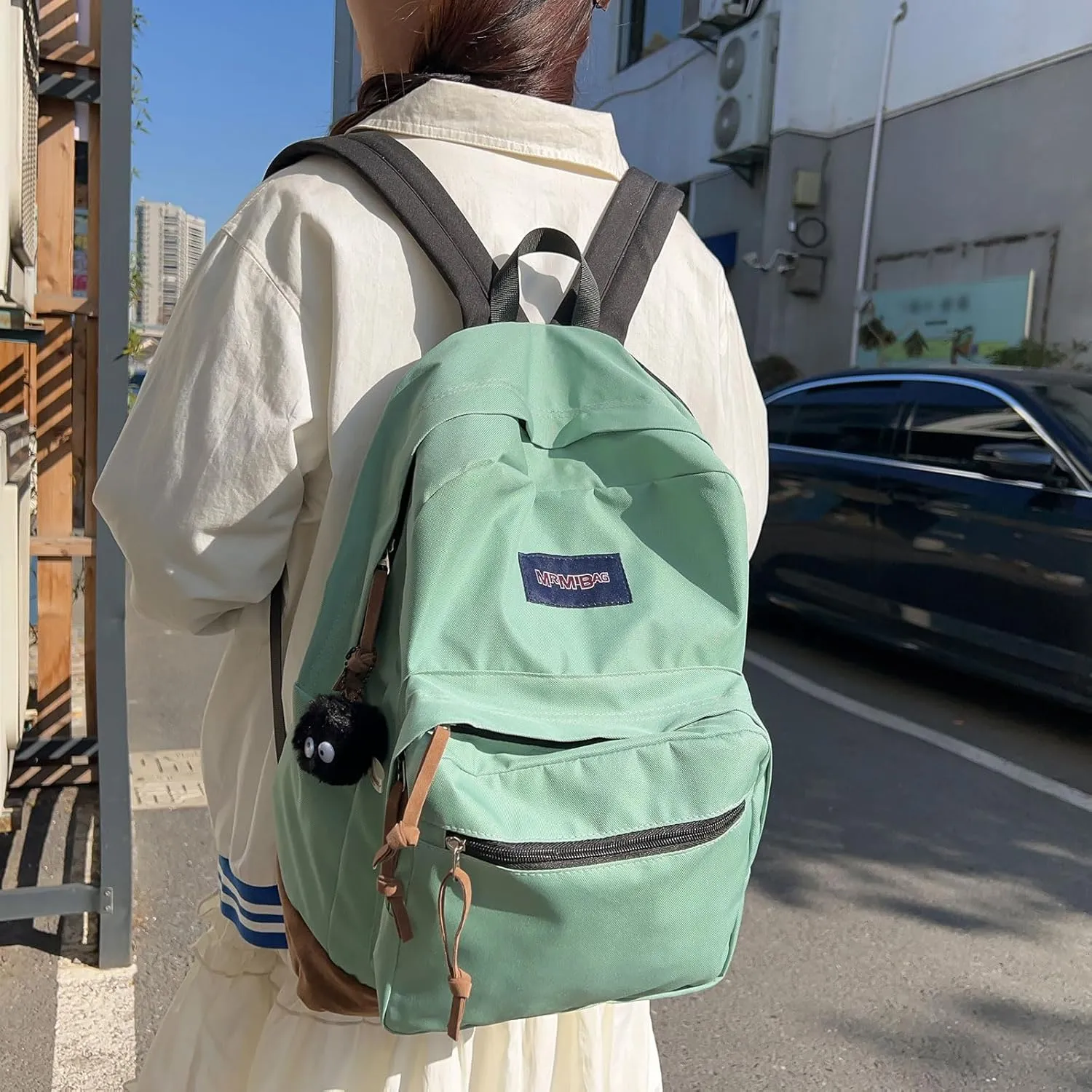 Fashion Backpack with Cute Accessory 18.1 Inch Bookbags with Pendant Laptop Bag Casual Lightweight Travel Daypacks (Green)