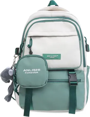 Fashion Backpack with Cute Accessory 18.1 Inch Bookbags with Pendant Laptop Bag Casual Lightweight Travel Daypacks (Green)