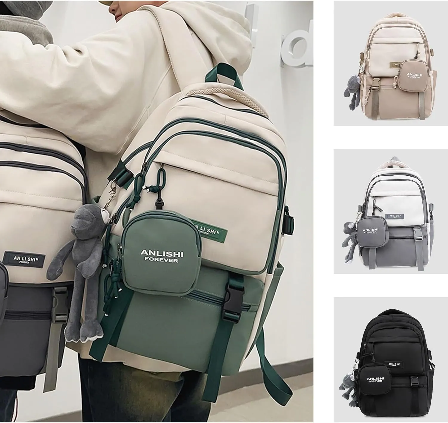 Fashion Backpack with Cute Accessory 18.1 Inch Bookbags with Pendant Laptop Bag Casual Lightweight Travel Daypacks (Green)