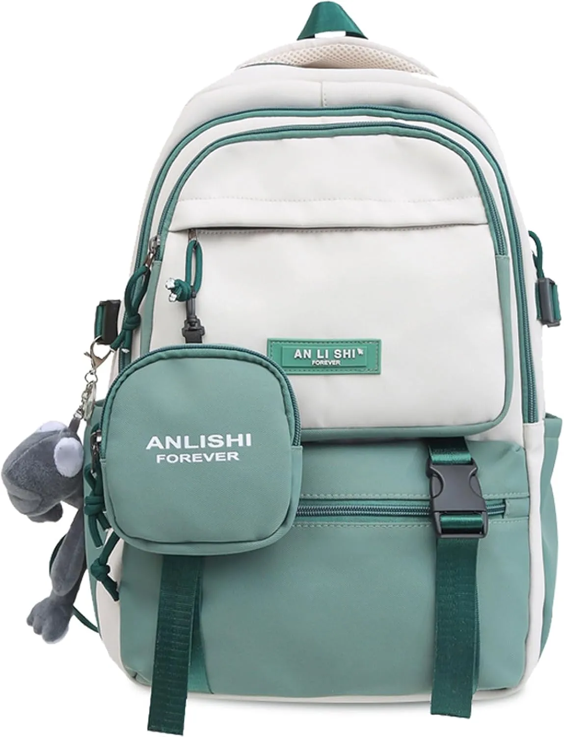 Fashion Backpack with Cute Accessory 18.1 Inch Bookbags with Pendant Laptop Bag Casual Lightweight Travel Daypacks (Green)