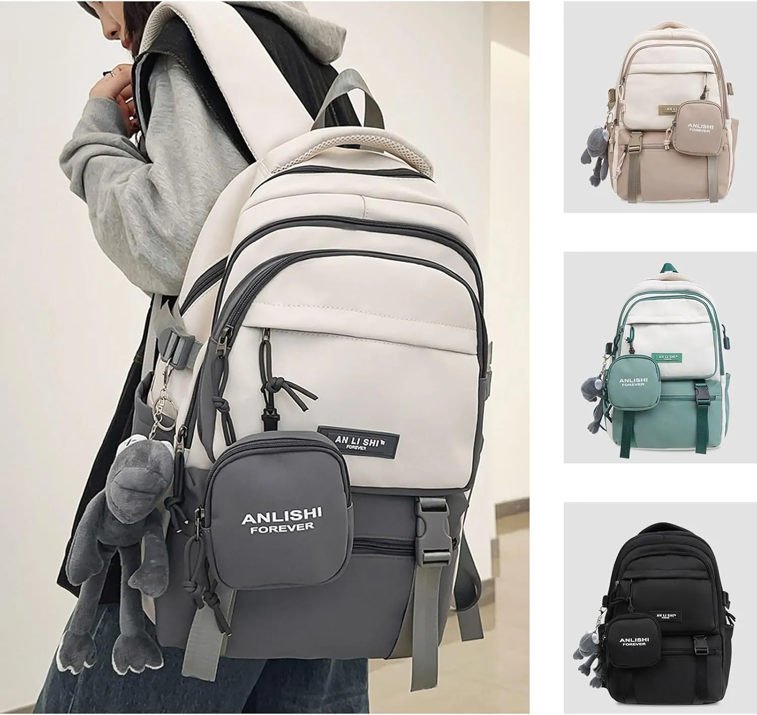 Fashion Backpack with Cute Accessory 18.1 Inch Bookbags with Pendant Laptop Bag Casual Lightweight Travel Daypacks (Grey)