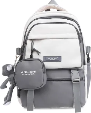 Fashion Backpack with Cute Accessory 18.1 Inch Bookbags with Pendant Laptop Bag Casual Lightweight Travel Daypacks (Grey)