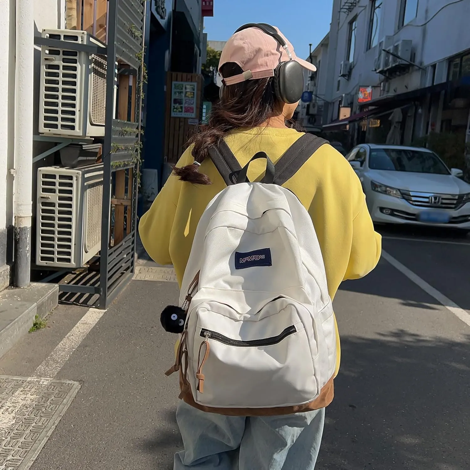 Fashion Backpack with Cute Accessory 18.1 Inch Bookbags with Pendant Laptop Bag Casual Lightweight Travel Daypacks (Grey)