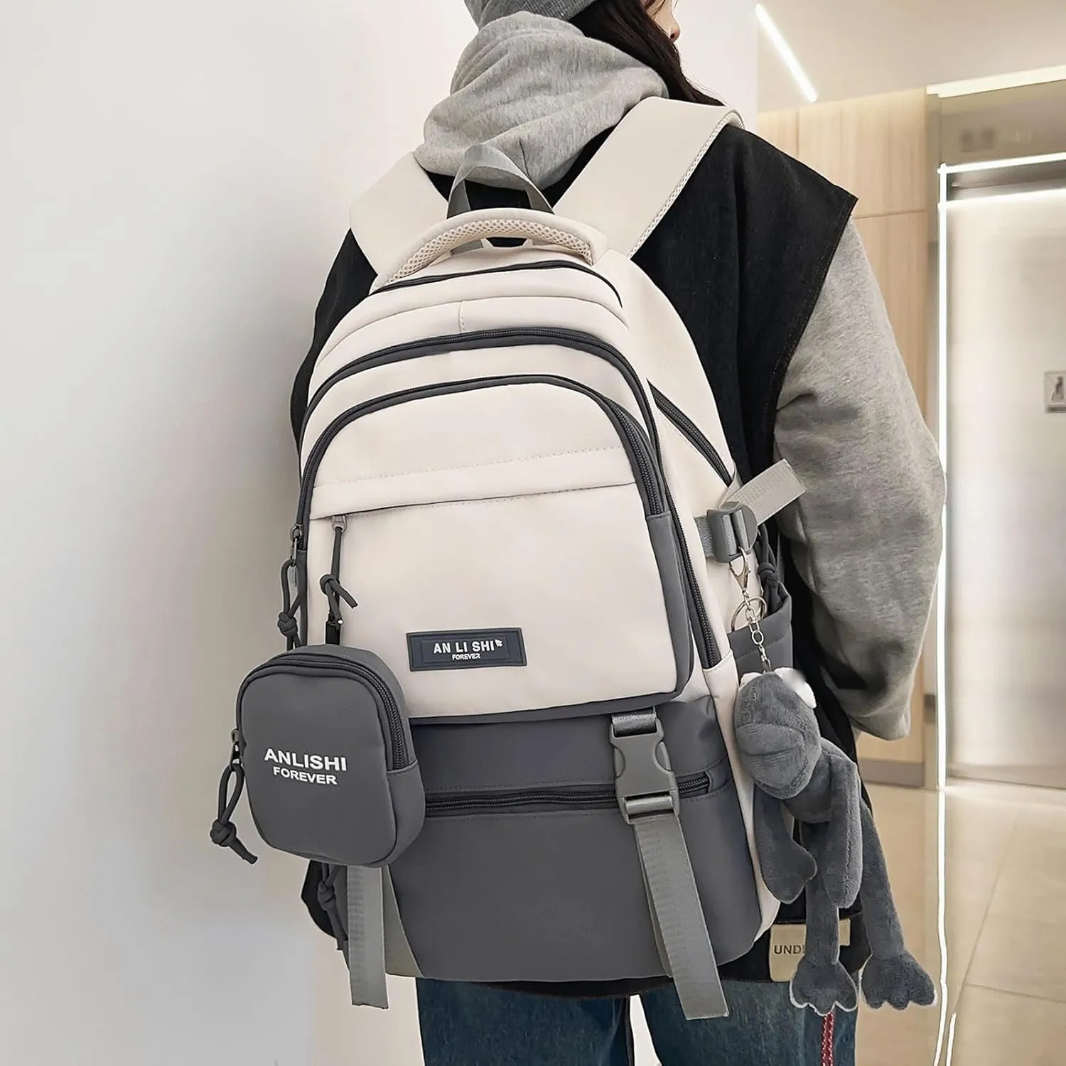 Fashion Backpack with Cute Accessory 18.1 Inch Bookbags with Pendant Laptop Bag Casual Lightweight Travel Daypacks (Grey)
