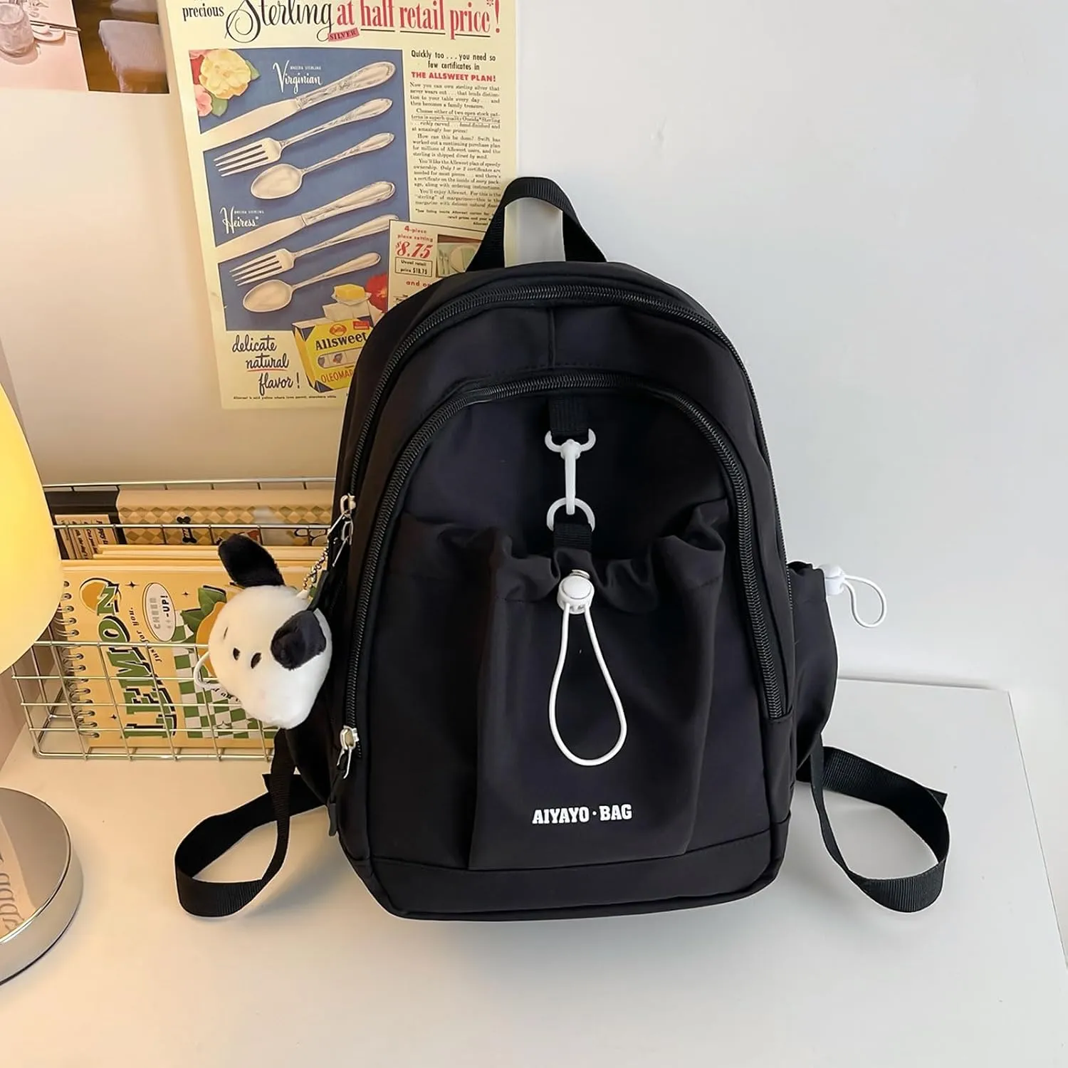 Fashion Backpack with Cute Accessory Casual Bookbags with Pendant Laptop Bag Lightweight Travel Daypacks (Black)