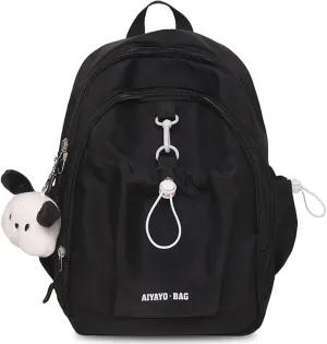 Fashion Backpack with Cute Accessory Casual Bookbags with Pendant Laptop Bag Lightweight Travel Daypacks (Black)