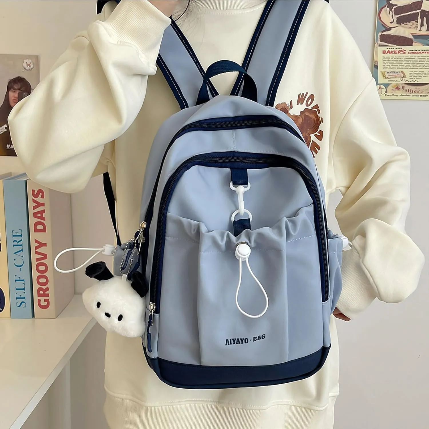 Fashion Backpack with Cute Accessory Casual Bookbags with Pendant Laptop Bag Lightweight Travel Daypacks (Blue)