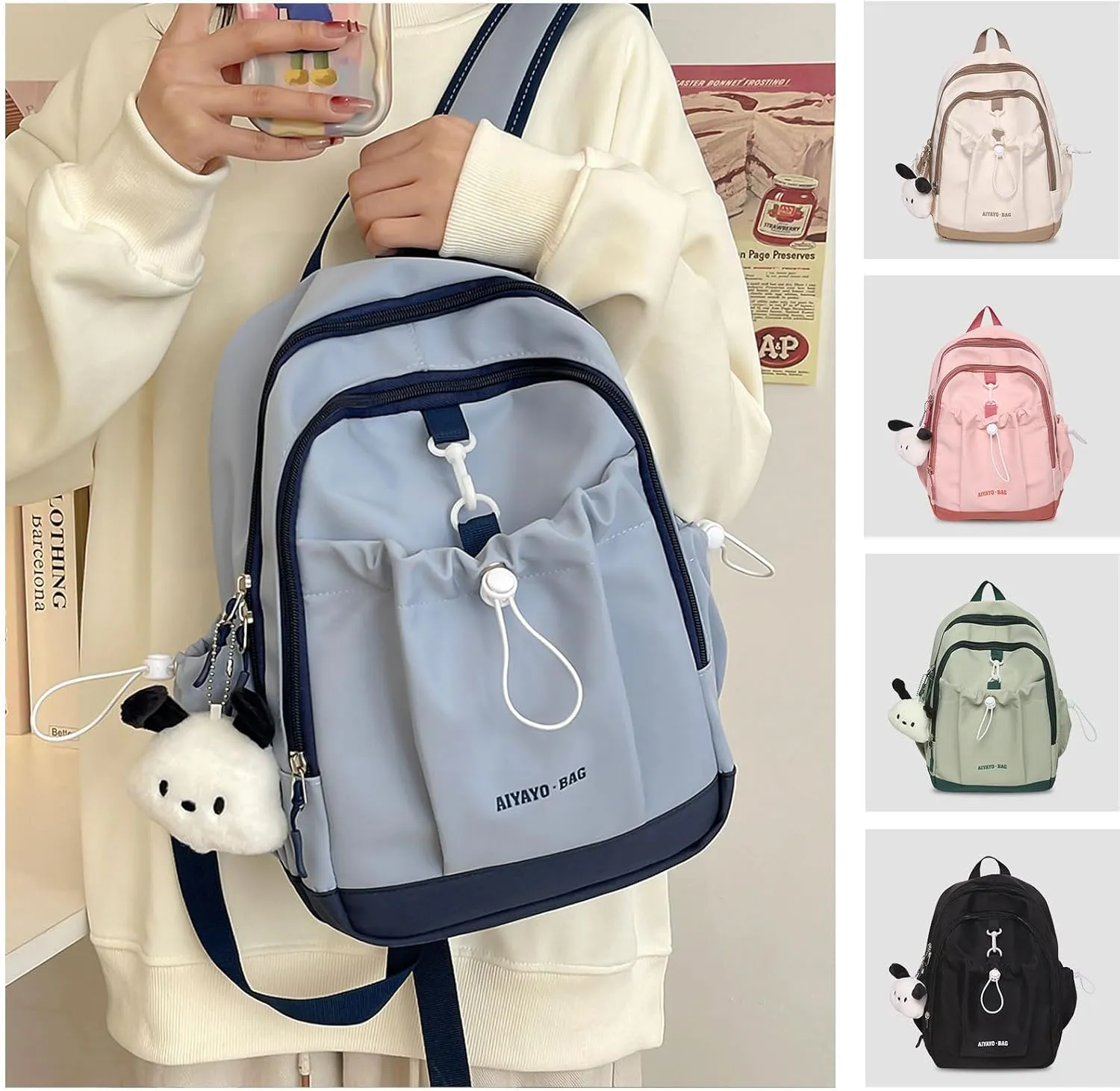 Fashion Backpack with Cute Accessory Casual Bookbags with Pendant Laptop Bag Lightweight Travel Daypacks (Blue)