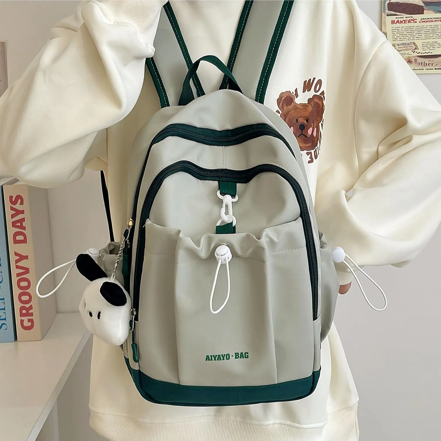 Fashion Backpack with Cute Accessory Casual Bookbags with Pendant Laptop Bag Lightweight Travel Daypacks (Green)