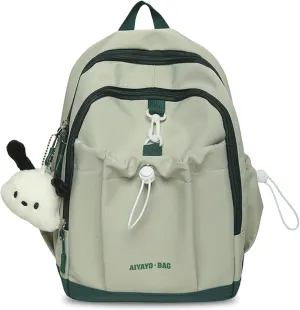 Fashion Backpack with Cute Accessory Casual Bookbags with Pendant Laptop Bag Lightweight Travel Daypacks (Green)