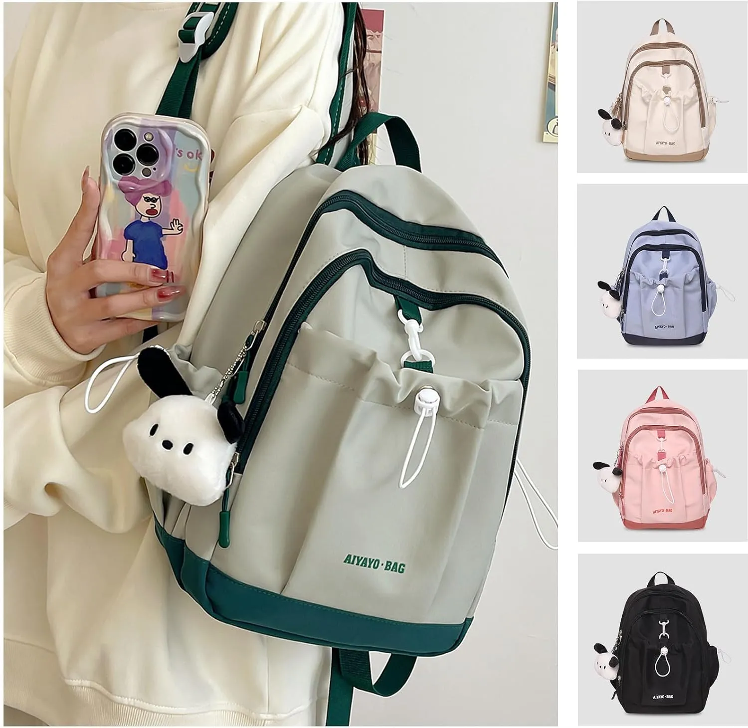Fashion Backpack with Cute Accessory Casual Bookbags with Pendant Laptop Bag Lightweight Travel Daypacks (Green)