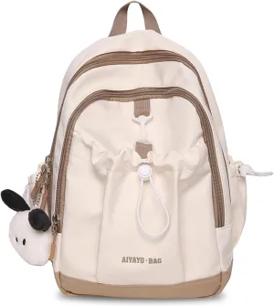 Fashion Backpack with Cute Accessory Casual Bookbags with Pendant Laptop Bag Lightweight Travel Daypacks (Khaki)