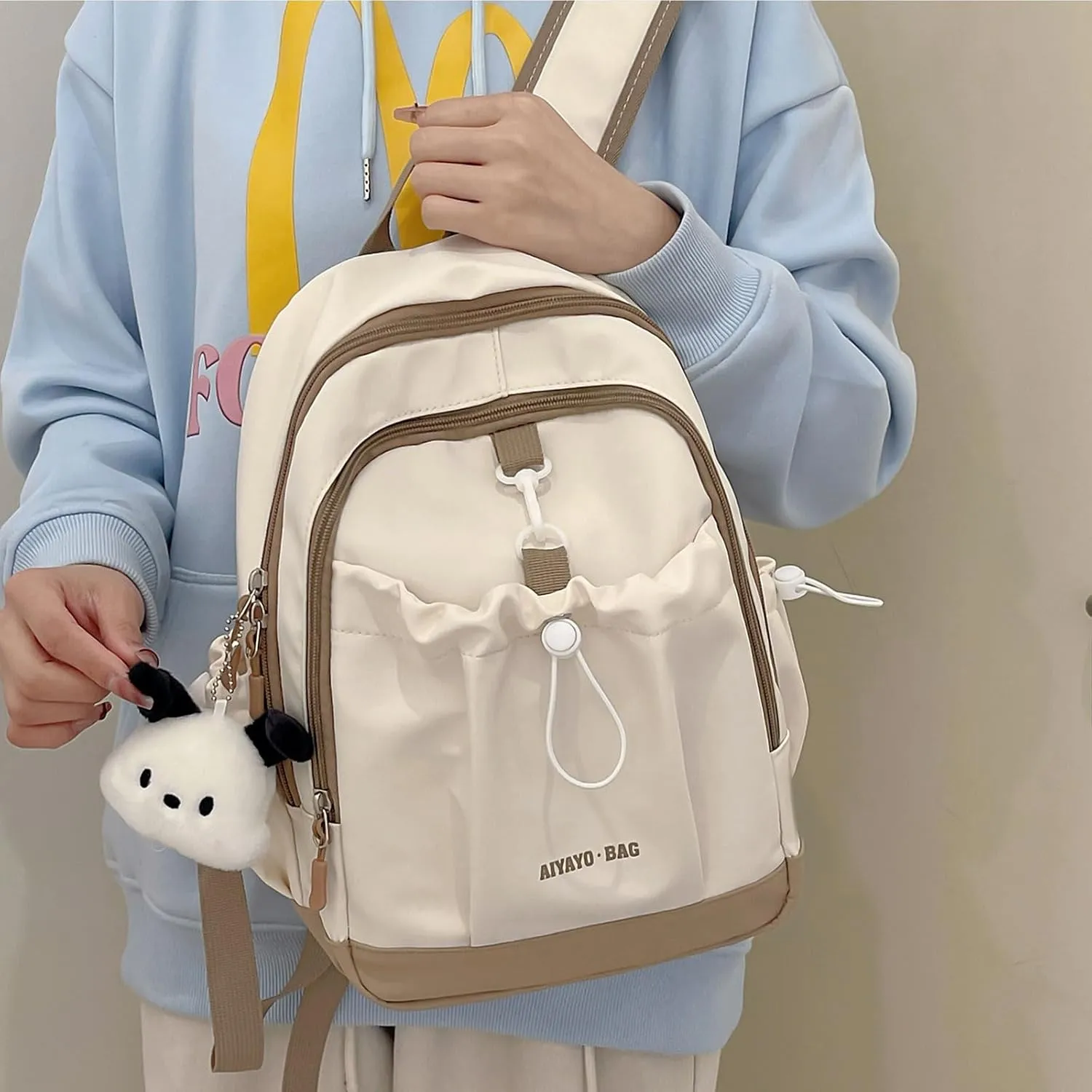 Fashion Backpack with Cute Accessory Casual Bookbags with Pendant Laptop Bag Lightweight Travel Daypacks (Khaki)