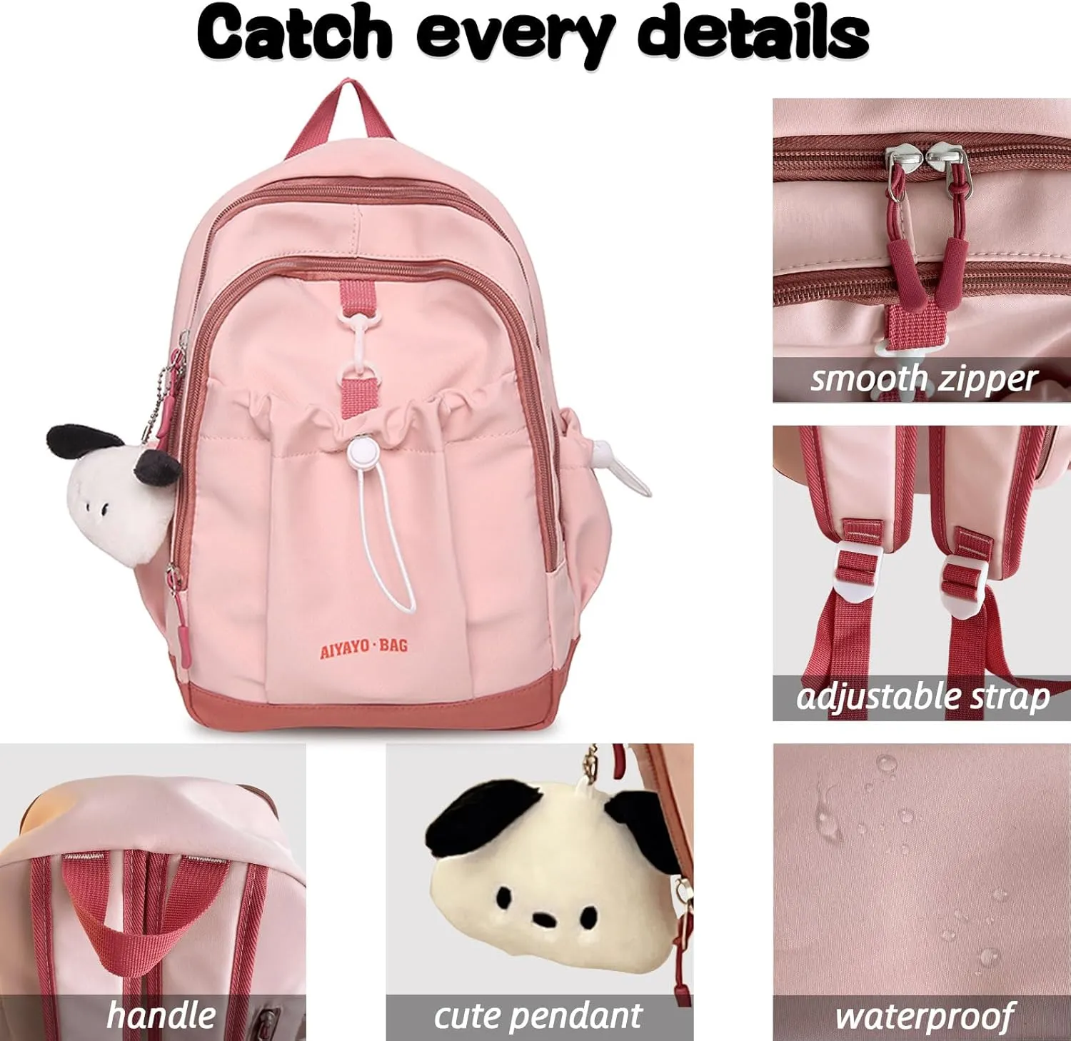 Fashion Backpack with Cute Accessory Casual Bookbags with Pendant Laptop Bag Lightweight Travel Daypacks (Khaki)