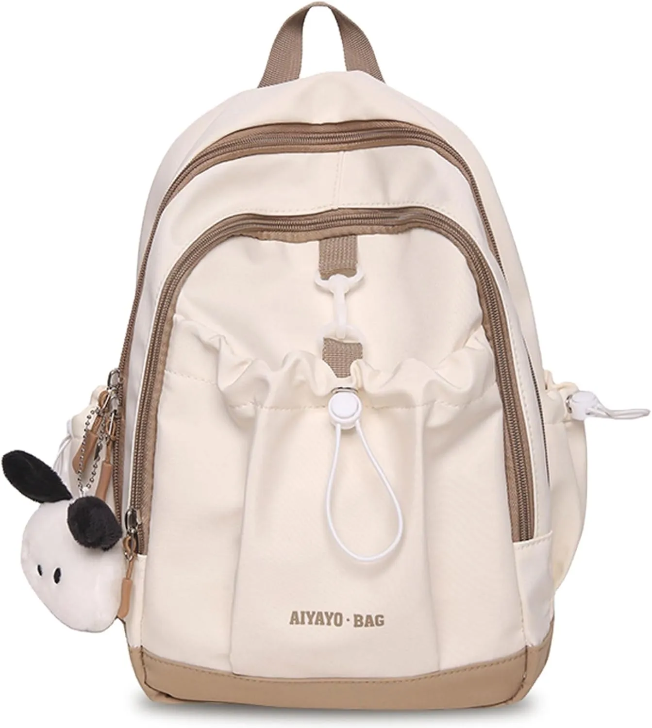 Fashion Backpack with Cute Accessory Casual Bookbags with Pendant Laptop Bag Lightweight Travel Daypacks (Khaki)
