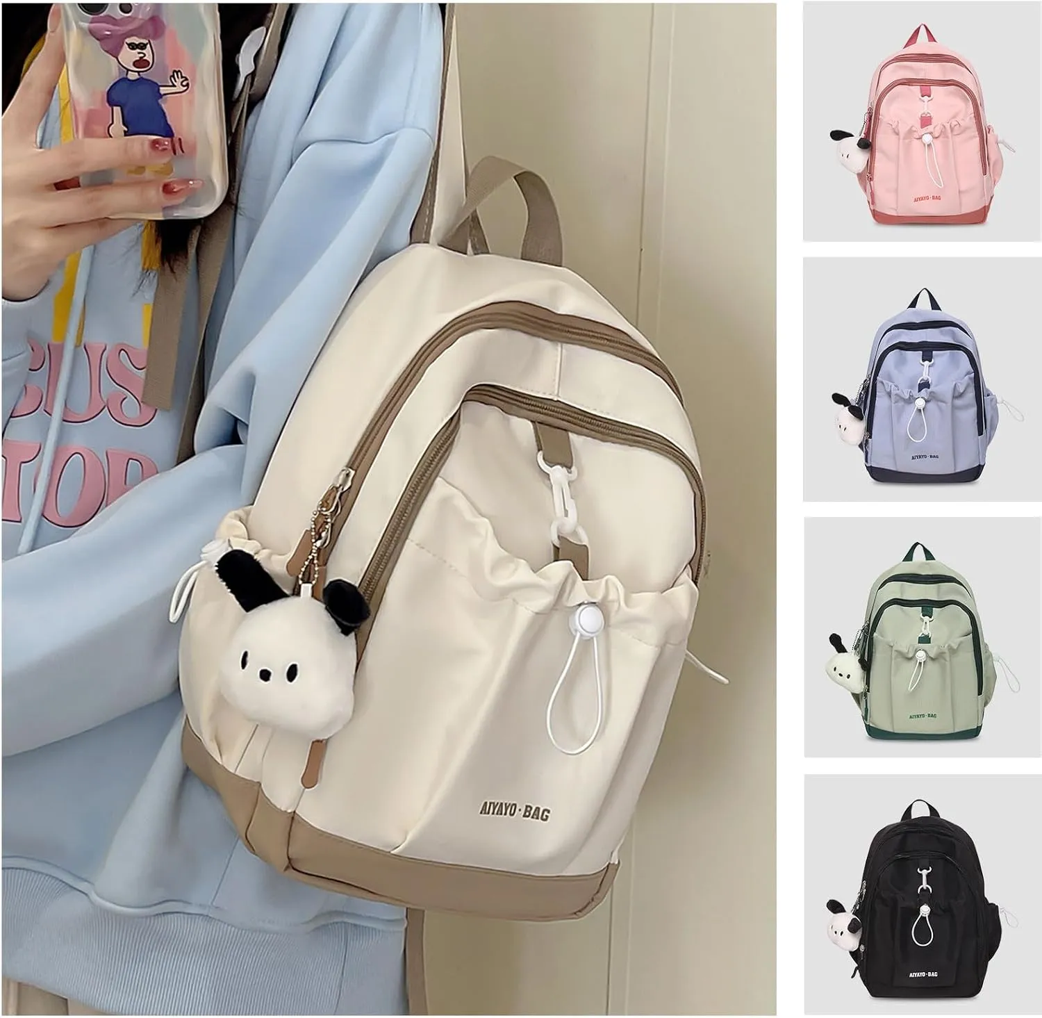 Fashion Backpack with Cute Accessory Casual Bookbags with Pendant Laptop Bag Lightweight Travel Daypacks (Khaki)