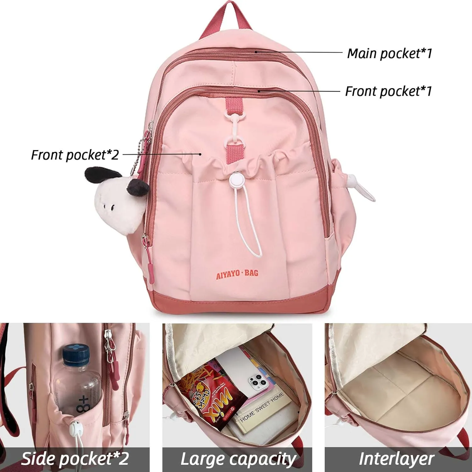 Fashion Backpack with Cute Accessory Casual Bookbags with Pendant Laptop Bag Lightweight Travel Daypacks (Khaki)