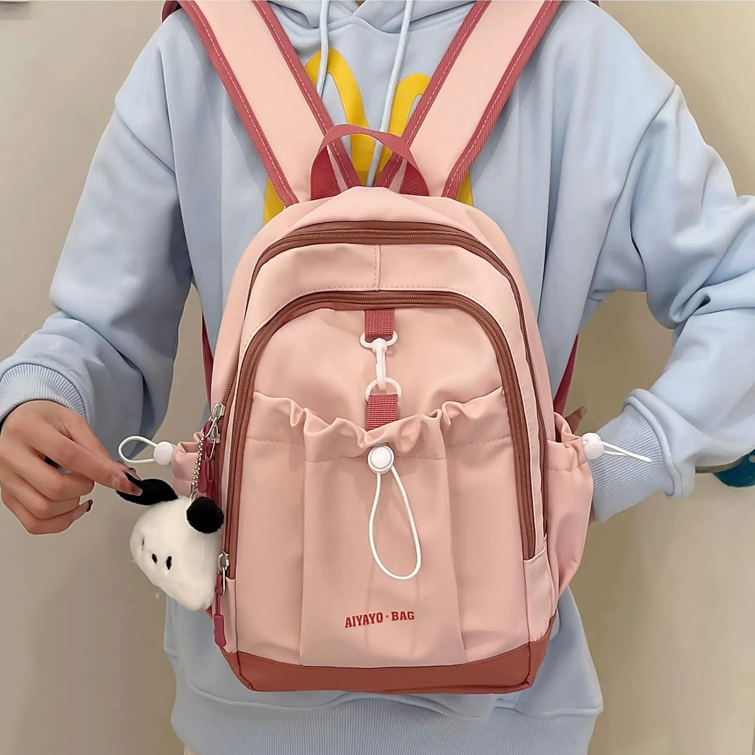 Fashion Backpack with Cute Accessory Casual Bookbags with Pendant Laptop Bag Lightweight Travel Daypacks (Pink)