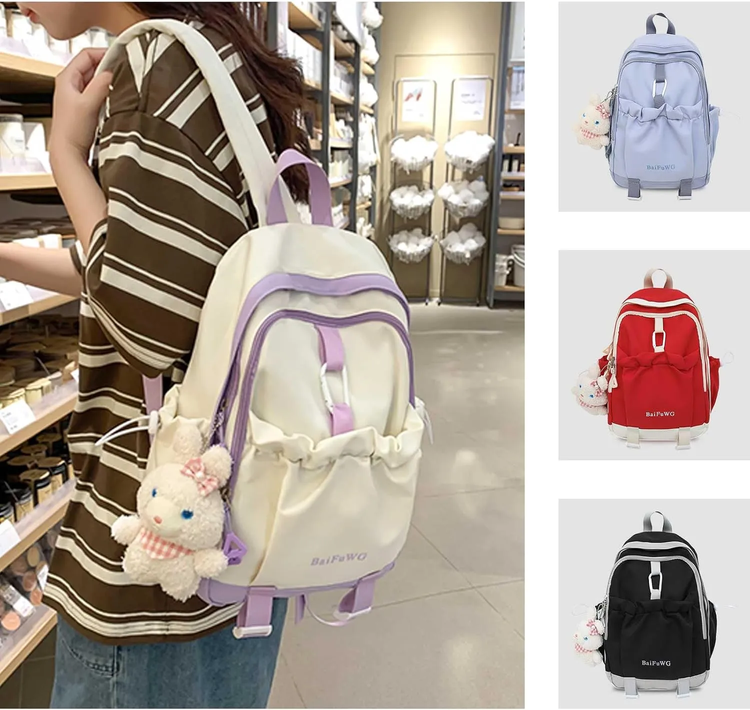 Fashion Backpack with Cute Accessory Casual Bookbags with Pendant Laptop Bag Lightweight Travel Daypacks (Red)