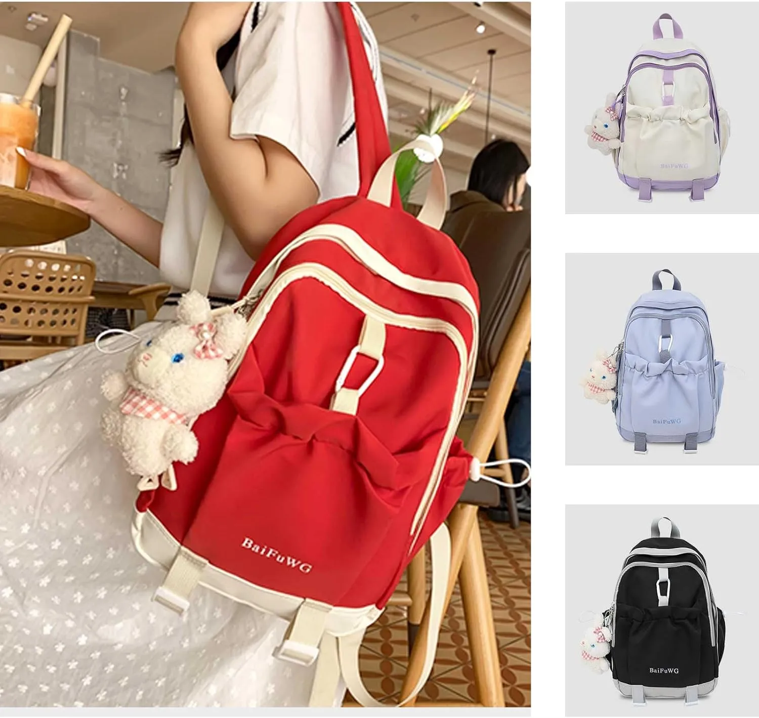 Fashion Backpack with Cute Accessory Casual Bookbags with Pendant Laptop Bag Lightweight Travel Daypacks (Red)