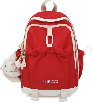 Fashion Backpack with Cute Accessory Casual Bookbags with Pendant Laptop Bag Lightweight Travel Daypacks (Red)