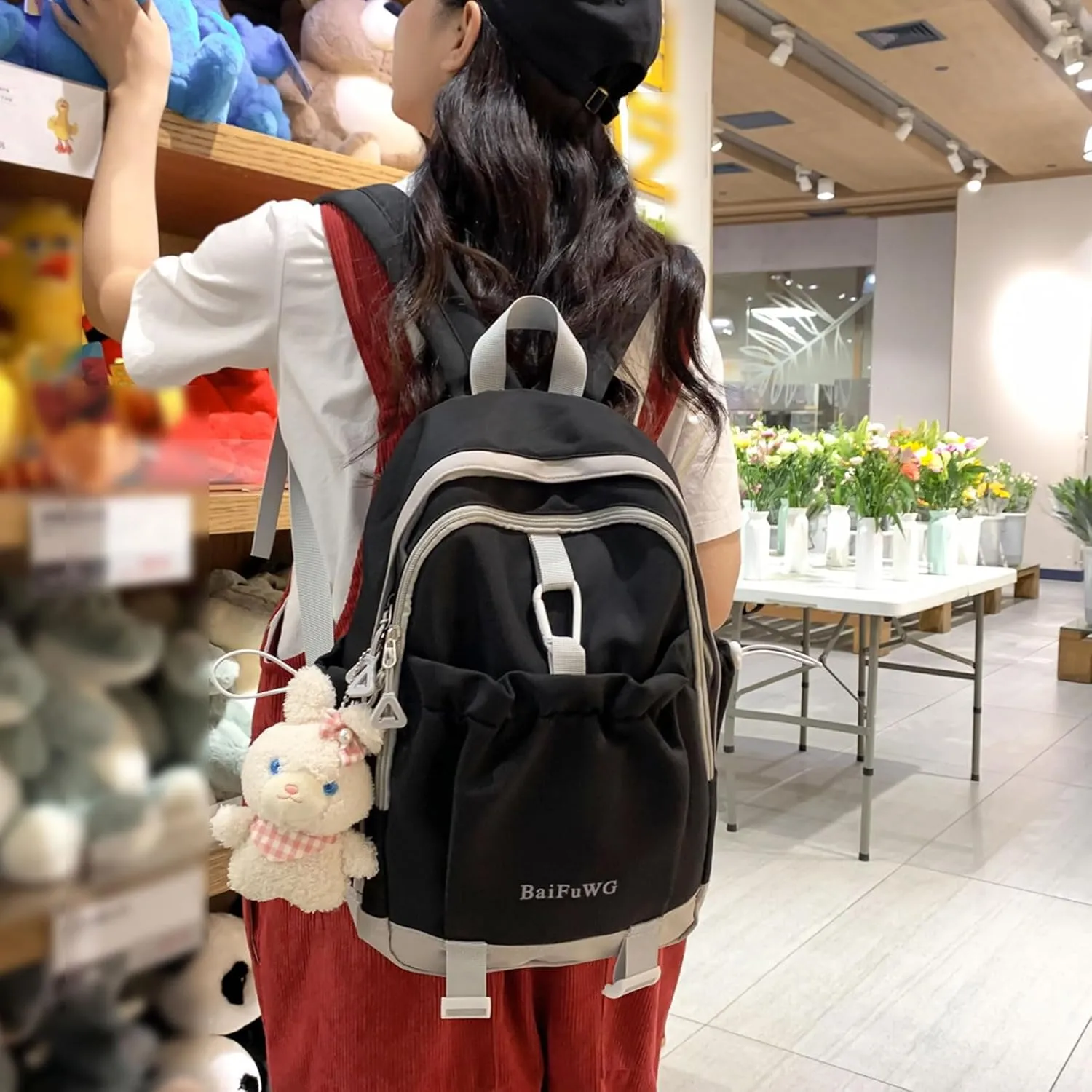 Fashion Backpack with Cute Accessory Casual Bookbags with Pendant Laptop Bag Lightweight Travel Daypacks (Red)