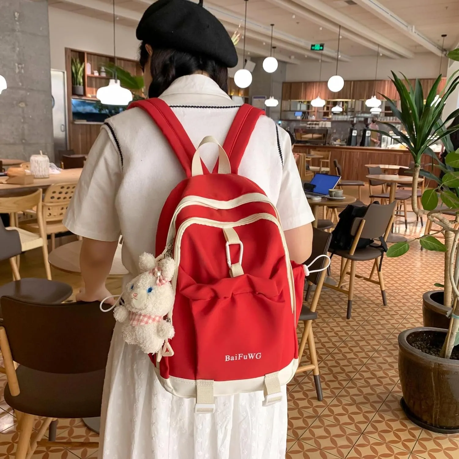 Fashion Backpack with Cute Accessory Casual Bookbags with Pendant Laptop Bag Lightweight Travel Daypacks (Red)