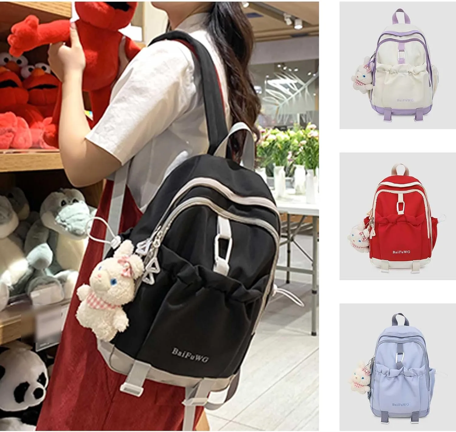 Fashion Backpack with Cute Accessory Casual Bookbags with Pendant Laptop Bag Lightweight Travel Daypacks (Red)