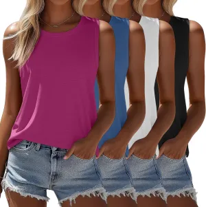 Ficerd 4 Pack Women's Sleeveless Tops, Casual Summer Loose Fit T Shirts Solid Color Tunic Tank Tops Ladies' Crew Neck Tee