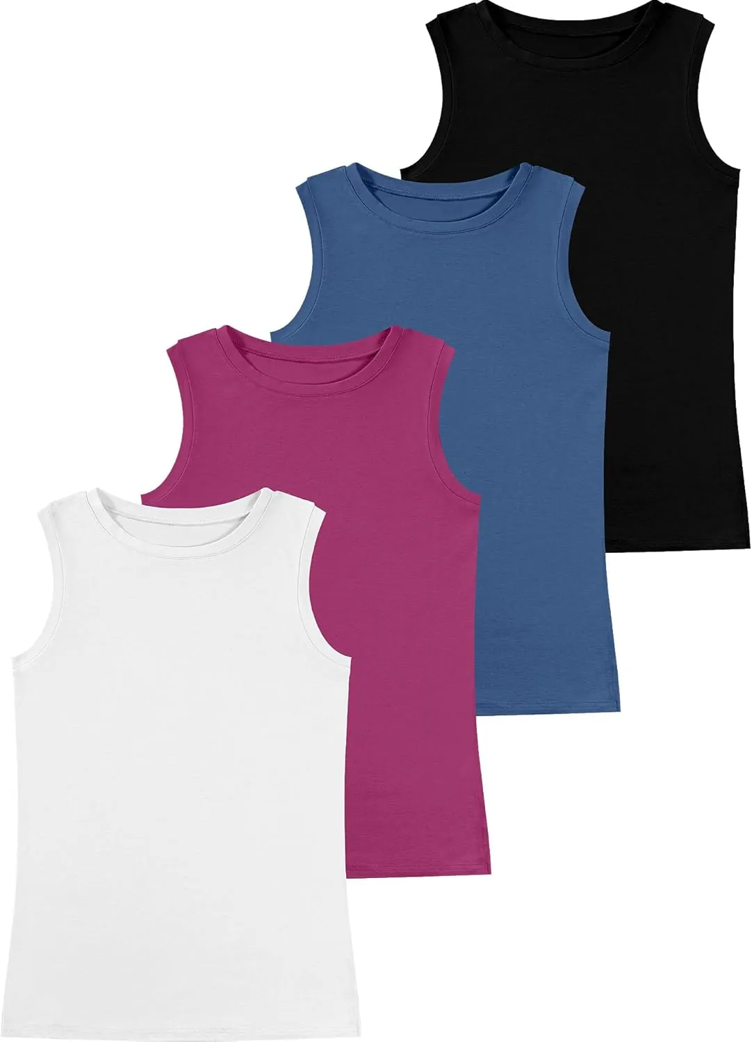 Ficerd 4 Pack Women's Sleeveless Tops, Casual Summer Loose Fit T Shirts Solid Color Tunic Tank Tops Ladies' Crew Neck Tee