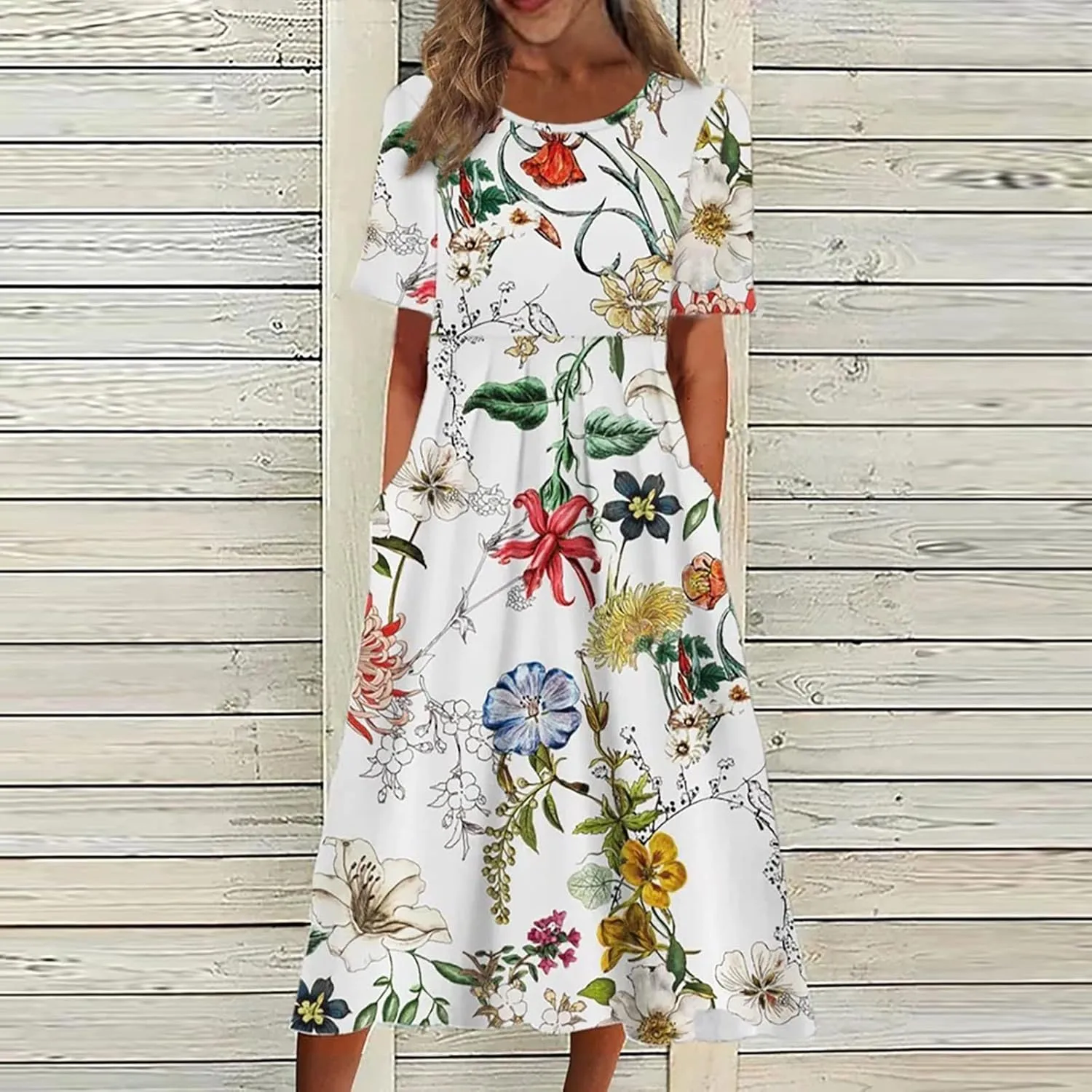 FlekmanArt Dresses for Women 2025 Short Sleeve Pocket Dresses Pleated Printed Beach Dress Round Neck Loose Maxi Dress