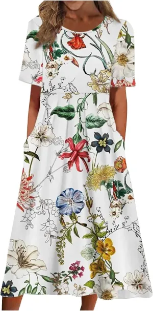 FlekmanArt Dresses for Women 2025 Short Sleeve Pocket Dresses Pleated Printed Beach Dress Round Neck Loose Maxi Dress