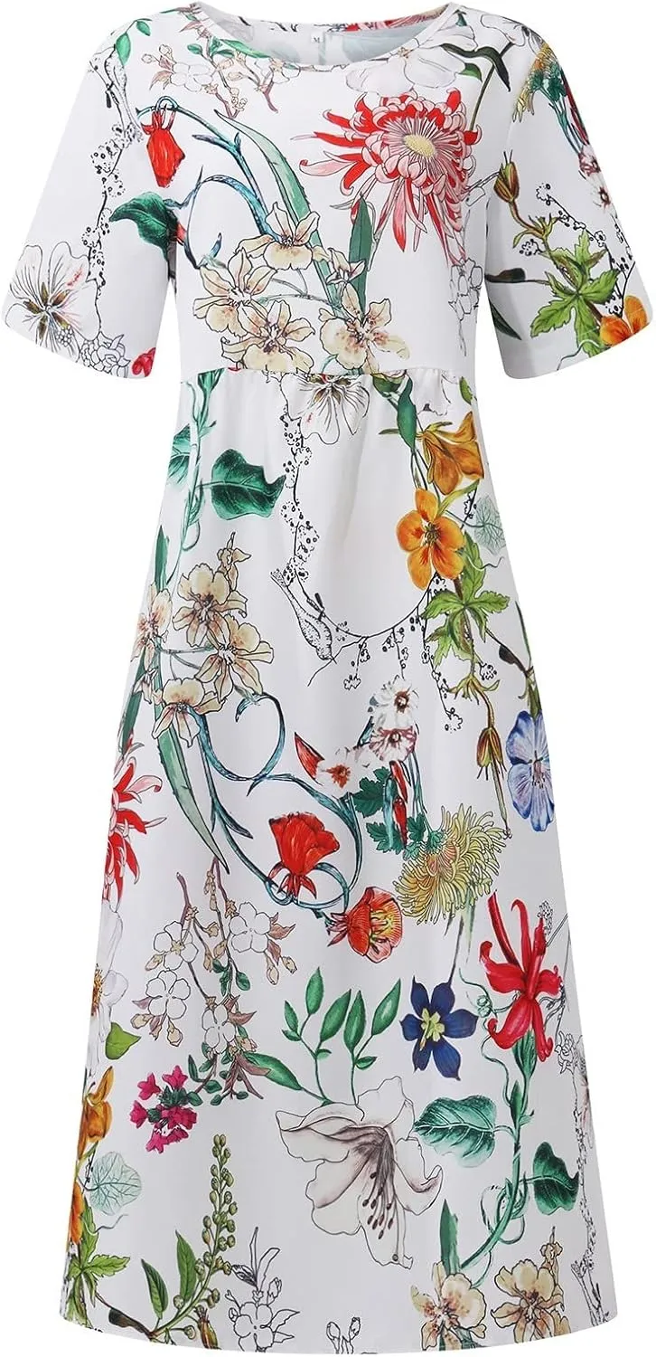 FlekmanArt Dresses for Women 2025 Short Sleeve Pocket Dresses Pleated Printed Beach Dress Round Neck Loose Maxi Dress